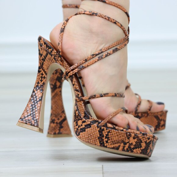 Brown Snake Strappy Platform Heels Adjustable Around Ankle Lace Up Stilettos - Picture 6 of 12